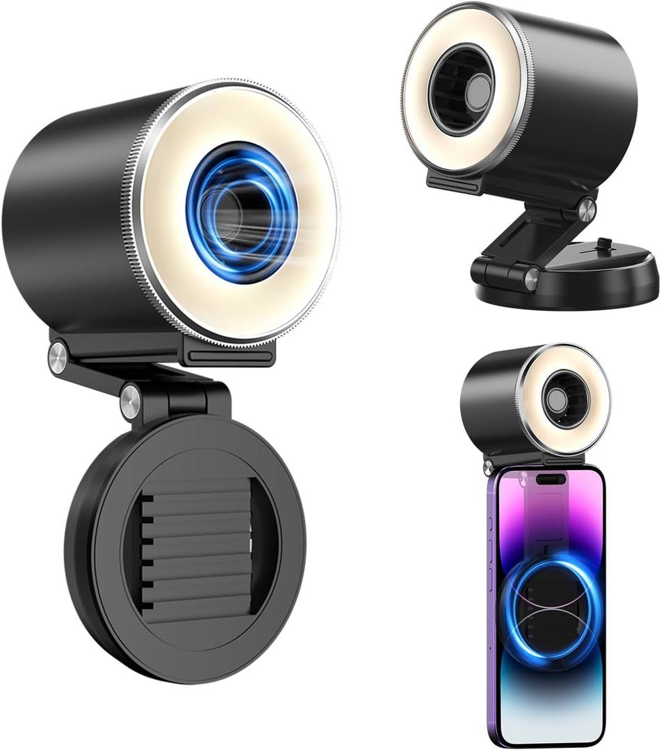 yAyusi 2 in 1 Magnetic Portable iPhone Selfie Light with Fan, Mini Phone Ring Light, 3 Adjustable Brightness and Wind Speed, Foldable and Retractable, Suitable for Photo/Live/Video Recording (Black)