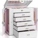  Extra Large 6-Tier Jewelry Box Organizer with Mirror, 5 Drawers Leather Jewelry Storage Case for Women Girls Ring Necklace Earring Bracelet White