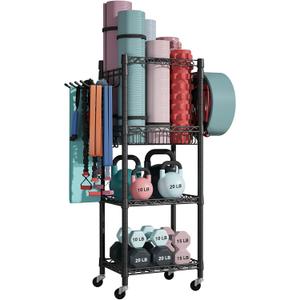FUTASSI Home Gym Storage, 3 Tiers Workout Equipment Organizer with Wheels for Yoga Mats, Foam Roller, Dumbbells, Kettlebells, and Resistance Bands (Single-Row, Black)