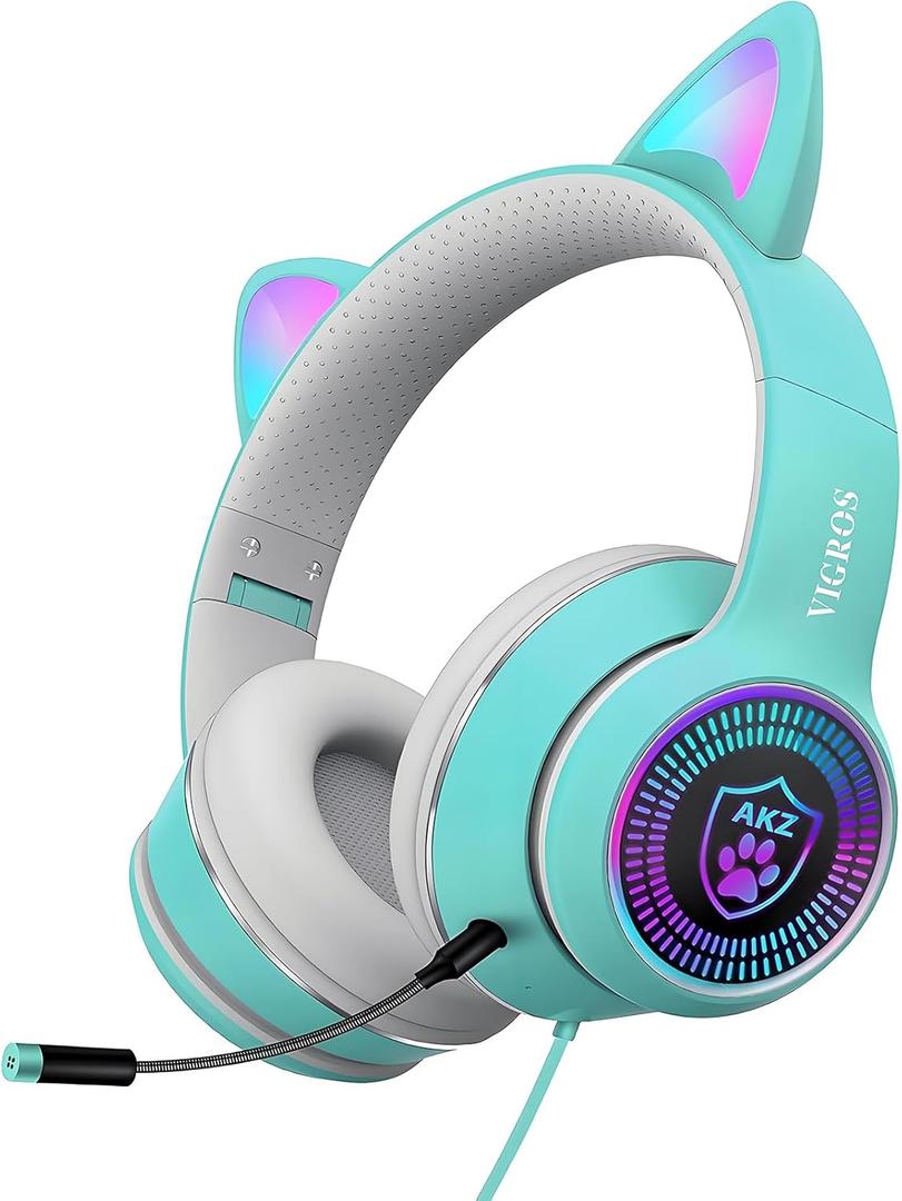 Cat Ear Gaming Headphones Wired AUX 3.5mm with LED Light, VIGROS Flashing Stereo Game Headphones Surround Sound Over-Ear Headsets with Microphone Fit Kids & Adult for PC, PS4, Switch, Mobile, Laptop