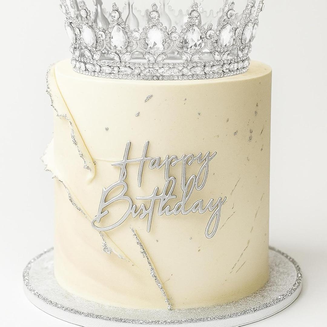 8 Pcs Silver Queen Crown Cake Topper, Happy Birthday Cake Toppers Foam Balls Rhinestone Crystal Tiara Wedding Decoration for Princess Party Photo Props for Women Princess