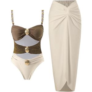Women's One Piece Swimsuit with Cover up Set Beach Wrap Skirt Retro Bikini Set Two Piece Bathing Suit with Cover up (Medium, Brown)