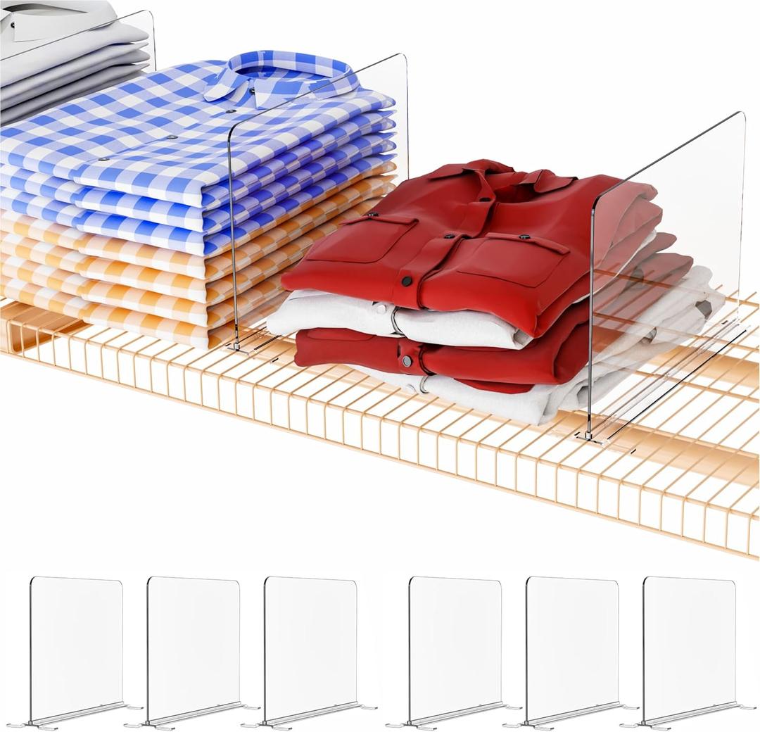 Yieach Pack of 6 Clear Shelf Dividers For Wire Shelves-No Tool-Acrylic Closet Shelf Organizers and Storage,8.5" Tall Top Shelf & Closet Separators for Shirt, Handbag, Purse, Sweatshirt Wire Closet Organizer