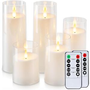 Raycare White Battery Operated Candles Flameless Candles with Timer and Remote 3" x 4" 5" 6" 8" 8", 5 Pcs Acrylic Flickering LED Pillar Candles Romantic Ambiance and Home Decoration