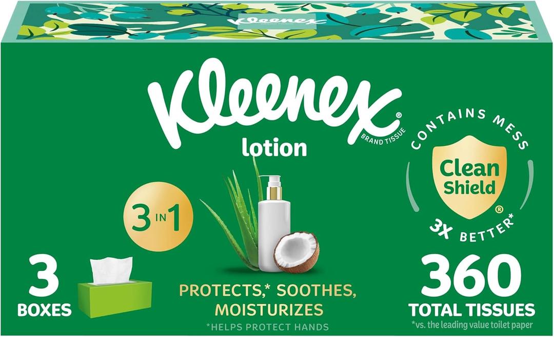 Kleenex Lotion Facial Tissues with Coconut Oil, 3 Flat Boxes, 120 Tissues Per Box, 3-Ply (White)