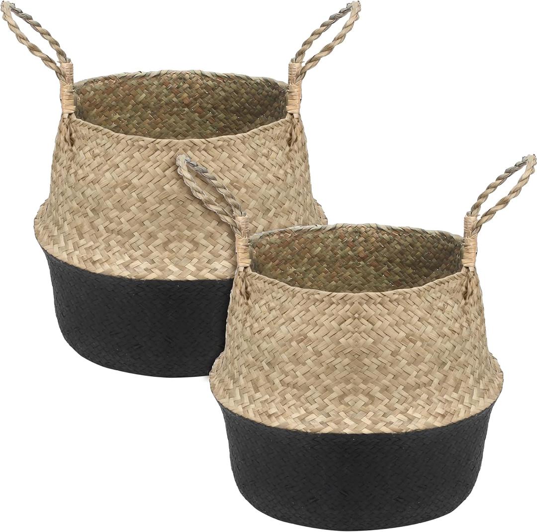 2Pcs Basket for Plant Artificial Trees, 13x11 Inch Seagrass Wicker Pots, Woven Planter Set Eco-Friendly Round Boho Holder Base with Handles for Home Decor Indoor Storage Solution, Black Bottom Pattern
