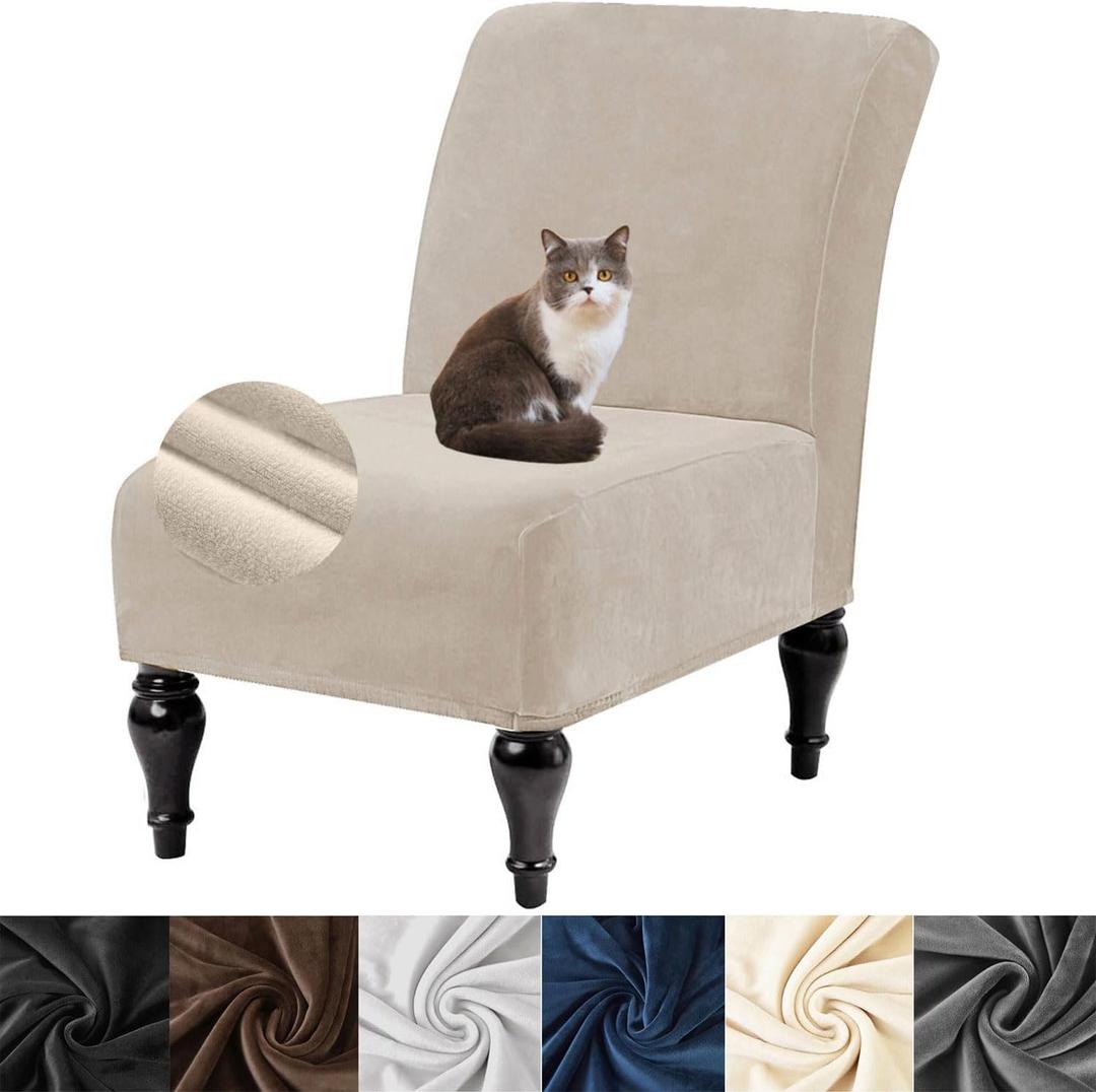 HFCNMY Armless Chair Cover,Stretch Velvet Armless Accent Chair Cover Slipcover Soft with Elastic Bottom Beige