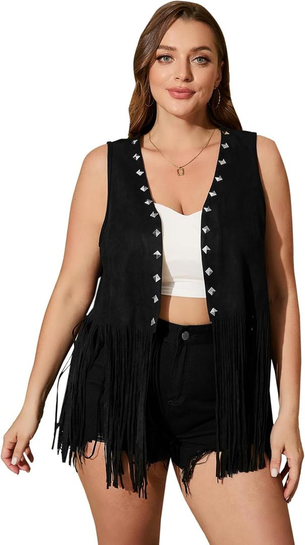 OYOANGLE Women's Plus Size Studded Fringe Trim Open Front Sleeveless Faux Suede Vest Jacket (3X-Large Plus, Black)