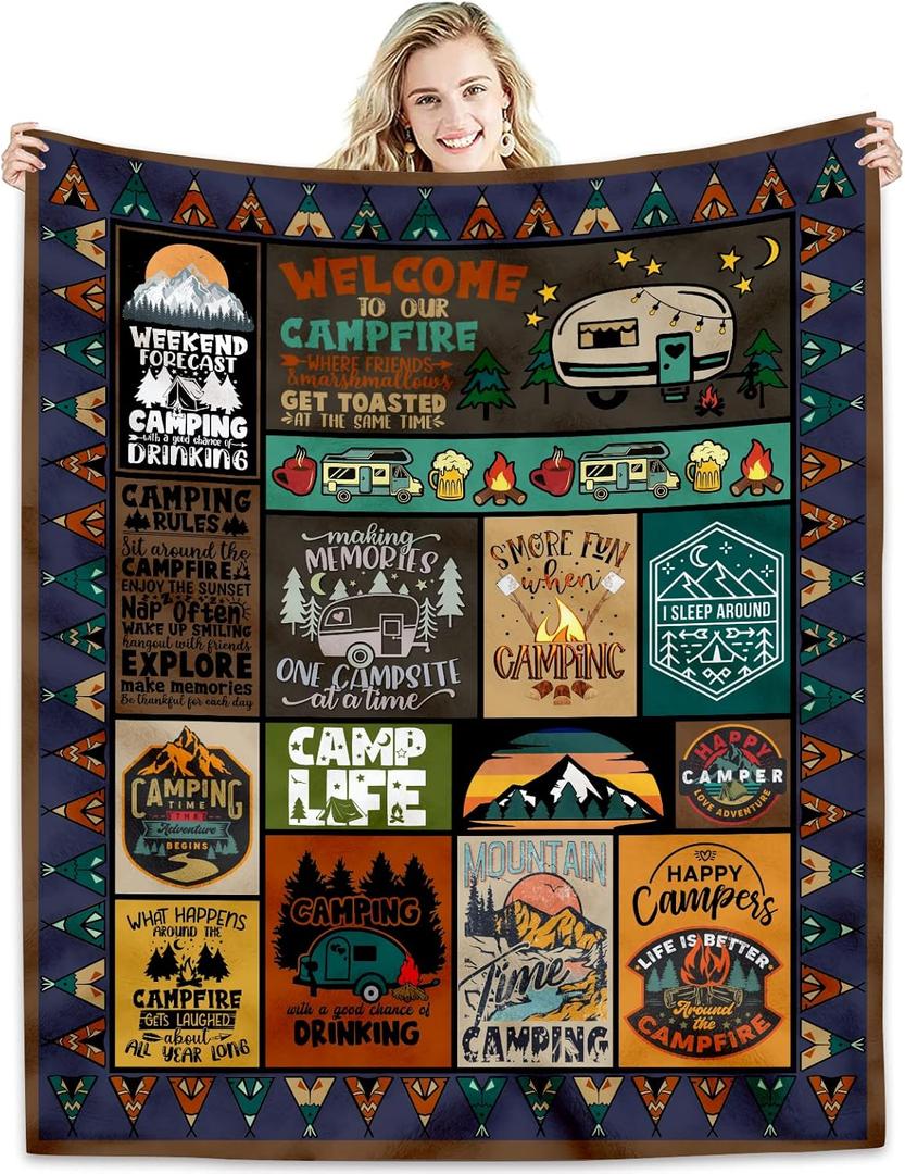 Camping Blanket Camping Lovers Gift Ideas for Men or Woman, Super Soft Throws Flannel Fleece Blankets Gifts for Camper Outdoor, Campsite Outdoors RV Travel Hiking Bed Sofa Couch 60"x50"