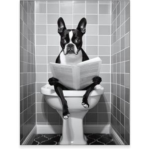 Funny Bathroom Dog Wall Art Black and White Animal Pictures Print Boston Terrier in Toilet Reading Newspaper Poster Artwork Decor 12x16in Unframed for Bathroom Restroom Home
