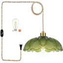 QIYIZM Plug in Pendant Light Hanging Lights with Plug in Cord Boho Hanging Lamp Dimmable Gold Glass Mid Century Modern Green Vintage Plug in Chandelier Ceiling Fixture for Living Room,Bedroom,Kitchen