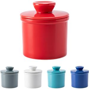 Butter Crock with Water Line for Countertop, French Butter Dish with Lid, Ceramic Butter Keeper for Fresh Spreadable Butter, Butter Container Holder for Kitchen and Home Decor, Red