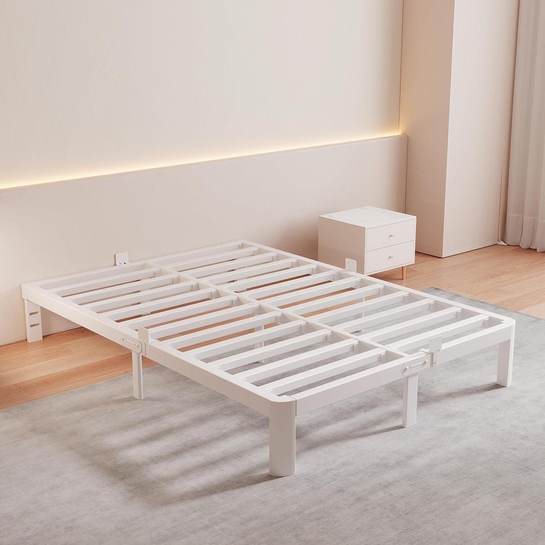 White Full Bed Frame 10 Inch, Low Full Size Bed Frame No Box Spring Needed with Mattress Stoppers, DIY Headboard, Heavy Duty Steel Support 3000 LBS, Rounded Legs, Easy Assembly, Noiseless