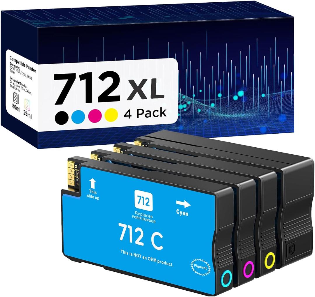 712 712XL Ink Cartridges Remanufactured High Yield Replacement for HP 712 712XL 712 XL for DesignJet T650 T630 T230 T210 Studio Plotter Printer (4 Pack, Black, Cyan, Yellow, Magenta)