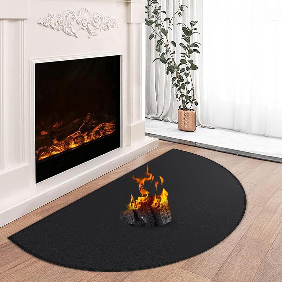 Hearth Rugs for Fireplaces Fire Resistant, 42 x 24 inch Fireproof Fireplace Mat Hearth Rug, Hearth Pads for Wood Stove Fireplace Indoor Outdoor, Protect Floors Carpets from Sparks Embers-Black, 1mm (2' x 3'6" (Semicircular)