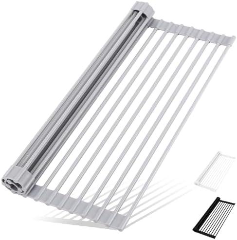 HANZENMA Roll Up Dish Drying Rack Over The Sink Kitchen Roll Up Sink Drying Rack Multipurpose Foldable Sink Drying Mat, Heat-Resistant, Anti-Slip & Anti-Rust Dish Rack for Kitchen, 17" x 13", Grey