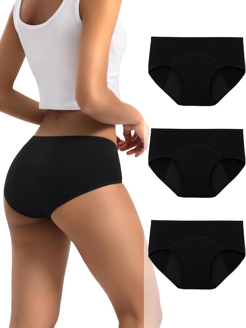 INNERSY Period Underwear for Women Teens Leak-Proof Menstrual Cotton Protective Hipster Panties 3-Pack (XX-Large, Heavy Flow (All Black))