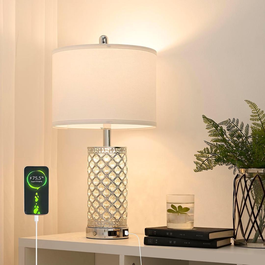 SAIWEYA Modern Crystal Table Lamp - 24in Silver Bedroom Lamps 3-Way Dimmable Touch Lamp with Night Light, 2 USB Ports + AC Outlet, Bedside Night Stand Lamp for Living Room Office (Silver- 1 Pack 24In)