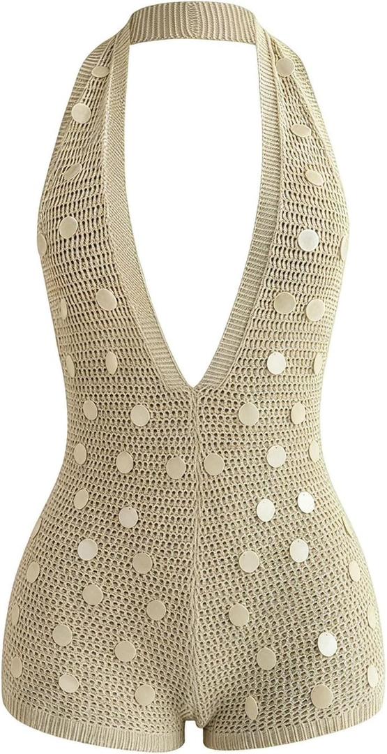 WDIRARA Women's Deep V Neck Backless Halter Knit Romper Striped Bodycon (Beige, XS)