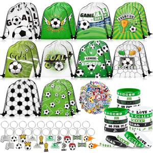Grneric 110 Pcs Soccer Party Favors Drawstring Bags with Keychains Silicone Bracelets Stickers Soccer Goodie Bags Gift Bags for Sports Birthday Party Supplies Soccer Themed