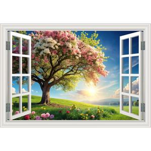 Fake Window Wall Mural Spring Green Flowers Tree Art Poster Faux Window Wall Sticker for Office Home Room Decor, Peel and Stick Wall Decals 24" x 16"