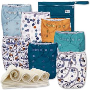 Nora's Nursery Cloth Diapers 7 Pack with 7 Inserts & 1 Wet Bag - Waterproof Cover, Washable, Reusable & One Size Adjustable Pocket Diapers for Newborns and Toddlers - Mighty Trucks