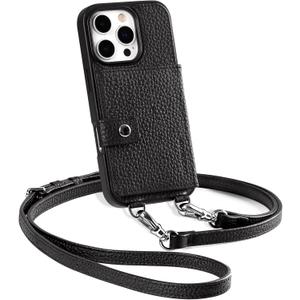 LUCKYCOIN for iPhone 16 Pro Crossbody Wallet Phone Case,Compatible with MagSafe,Genuine Leather Magnetic Phone Case with Card Holder and Adjustable Strap,with RFID Blocking Black