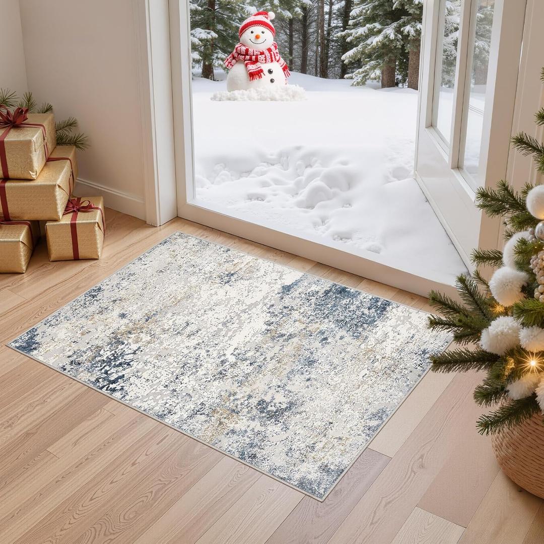 2x3 Entryway Area Rug: Washable Neutral Modern Abstract Small Rug - Non-Slip Low Pile Throw Indoor Carpet for Entrance Kitchen Front Door Mat Bathroom Entry Kids Room - Beige Blue