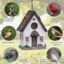 Bird Houses for Outside Rustic Cottage Birdhouse with Thatch Roof Hand-Painted Resin Birdhouses for Outdoors for Bluebird Finches Cardinals Bird Nesting Garden, Patio, Yard