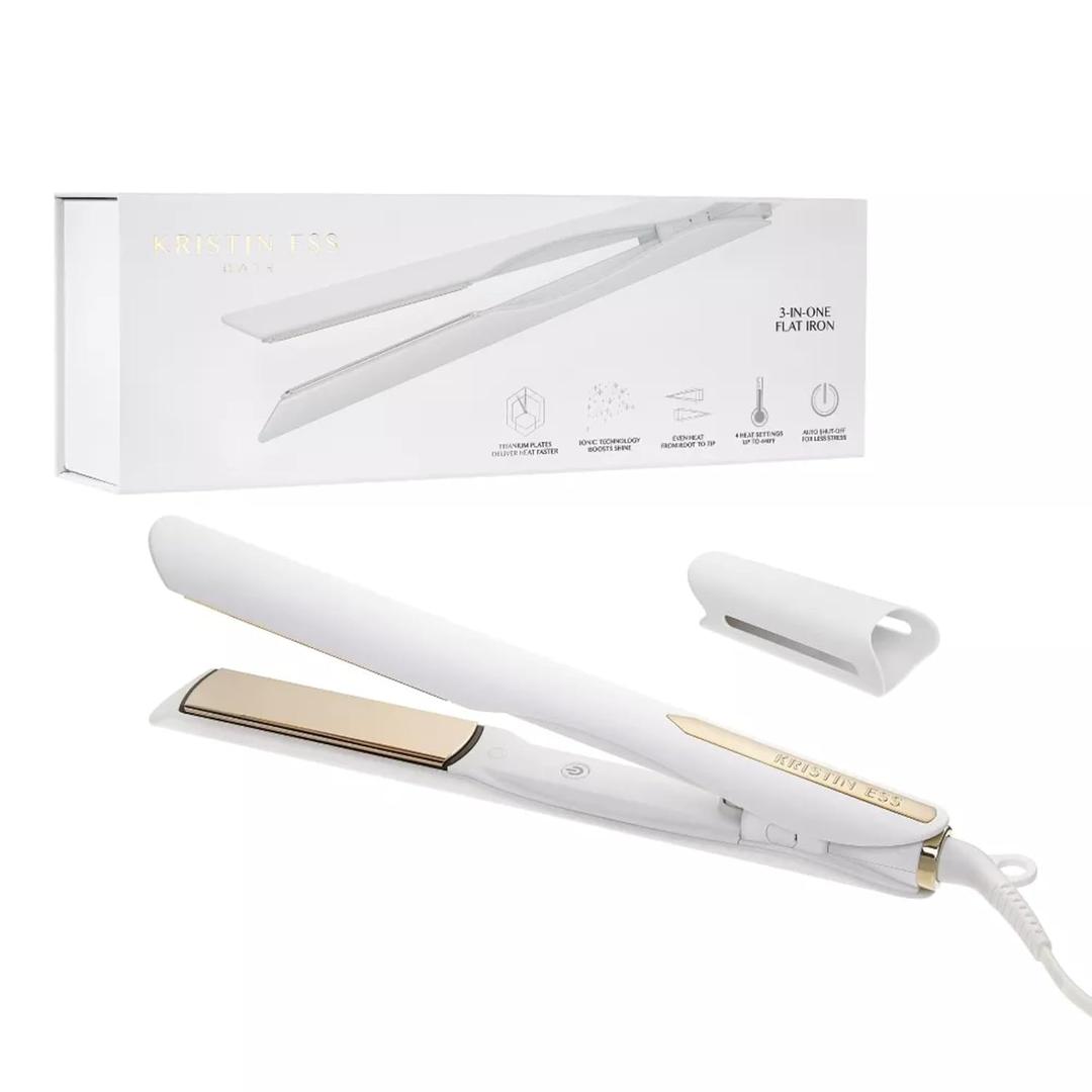 Kristin Ess 3-in-One Professional Titanium Hair Straightener Curler 2 in 1 + Beach Waver Combo for Women with Curly, Frizzy + Thick Hair - 1 1/4 Inch Dual Voltage Flat Iron + Travel Cap - 440 Degree