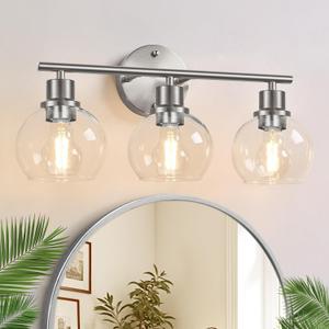 3-Light Bathroom Light Fixtures, Brushed Nickel Modern Vanity Lights Over Mirror with Clear Glass Globe Shade, Bathroom Wall Sconces for Mirror Kitchen Living Room Hallway Cabinet Bedroom Porch, Brushed Nickel