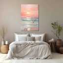 SIXWOOD Pink Ocean Sunset Canvas Wall Art Painting, Pastel Beach Picture with Waves and Sailboats, Coastal Wall Decor for Living Room Girls Bedroom Nursery, 16x24 Framed Ready to Hang Aesthetic Print