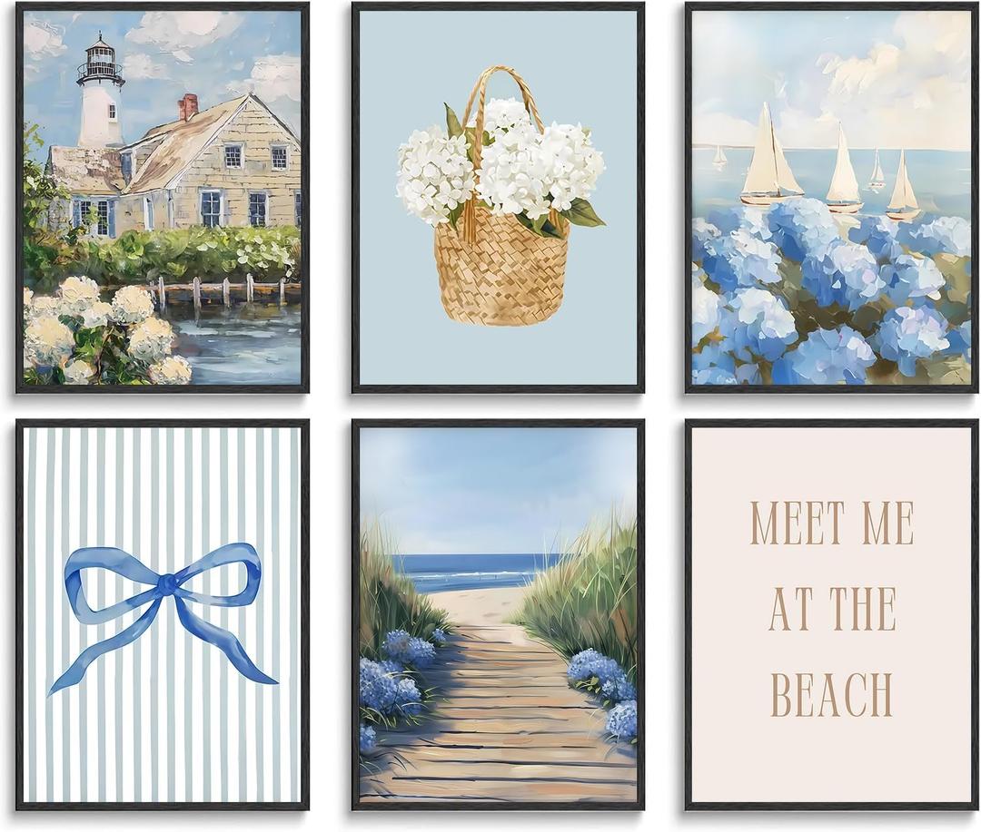 6 Pcs Coastal Granddaughter Canvas Wall Art Blue Hydrangeas Prints Posters Blue Flower Floral Wall Decor Beachy Seaside Landscape Paintings Aesthetic Preppy for Apartment Dorm Bedroom 8x10in Unframed