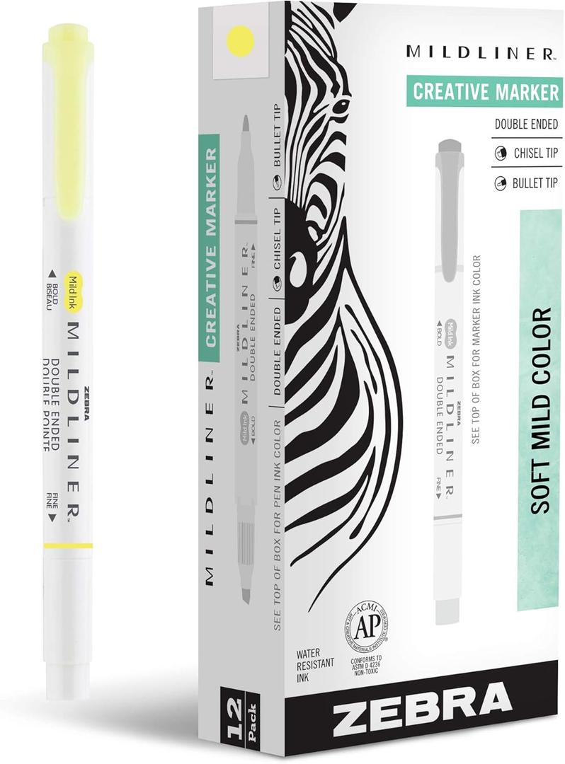 Zebra Pen MILDLINER Dual-Tip Highlighters, Broad and Fine Tips, Ideal for Bible Highlighting, No Bleed, School Supplies, Teacher Supplies, and Office Supplies, Mild Yellow Ink, 12-Pack (78150upc)