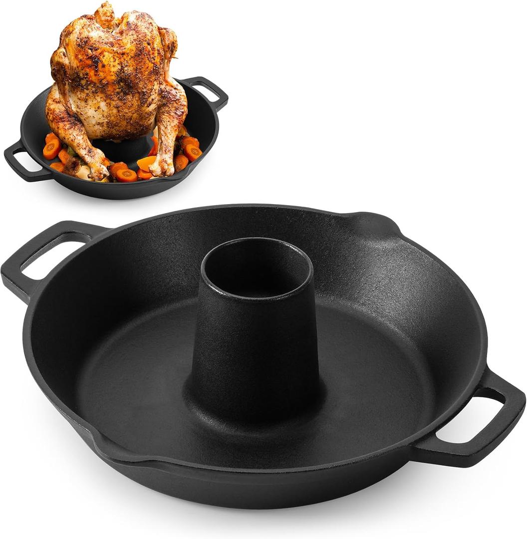 Onlyfire Universal Cast Iron Chicken Roaster, Pre-Seasoned Poultry Roaster Beer Can Turkey Holder with Roasting Pan for Most Grills and Oven