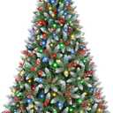 6.5 Ft Pre-Lit Artificial Christmas Tree with 400 Dual Color LED Lights & Timer - Snowy Spruce with 1100 Branch Tips & 60 Pine Cones & 60 Berries Indoor Outdoor Home Christmas Decorations