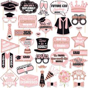 YEIRFYY 35 Pieces Pink Rose Gold Graduation Photo Booth Props Class of 2026 Graduate Photobooth Sticks Preschool Kindergarten Elementary Middle School High School Congrats Grad Party Decorations