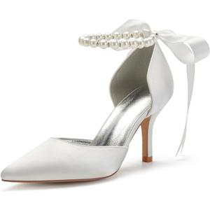 Women's Pearl White Wedding Shoes for Bride High Heels Pointed Toe Bridal Shoes Satin Prom Party Dress Pumps Sandals, Size 40