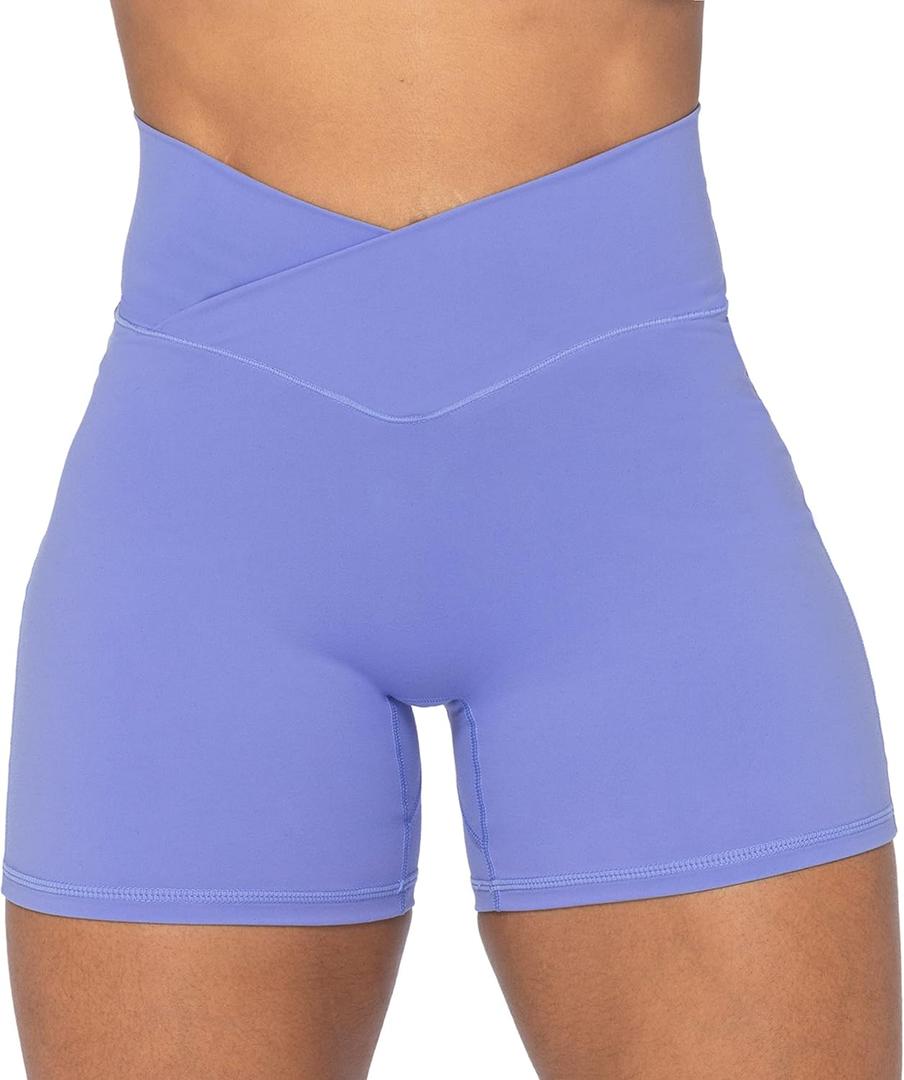 Sunzel Crossover Biker Shorts for Women, No Front Seam V High Waist Yoga Workout Gym Shorts with Tummy Control (Small, Periwinkle)