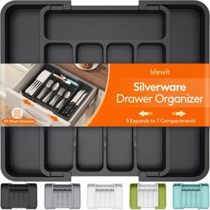 Lifewit Small Silverware Drawer Organizer, Expandable BPA Free Utensil Tray for Kitchen, Adjustable Flatware and Cutlery Holder for Spoons Forks Knives, Plastic Kitchen Organizers and Storage, Black (Medium)