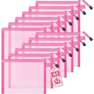 12-Piece Nylon Zipper Pouch Set, Pink Mesh Cosmetic Bags, Zippered Travel & Office Supplies Organizers - A5
