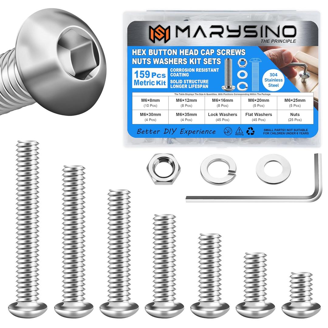 159 Pieces M6 Screw, Button Head Socket Cap Metric Screws Assortment Kit, 304 Stainless Steel Bolts and Washers/Nuts/Hex Wrenches M6*8/12/16/20/25/30/35mm