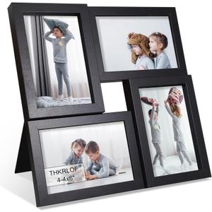 4x6 Picture Frames Collage 1 Pack, 4 Opening Multi Family Photo Collage Frames with Real Glass for Wall Hanging or Tabletop, Black