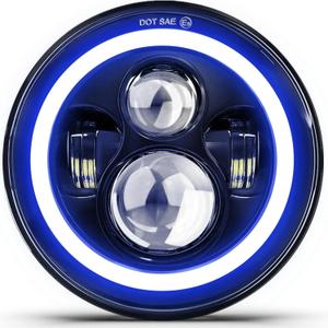 DOT 7 Inch LED Headlight Motorcycle Blue Halo High/Low Beam, Motorcycle LED Headlight Projector Angel Eyes Light JK LJ CJ Headlamp Replacement, 1PC (Yellow&Blue Halo)