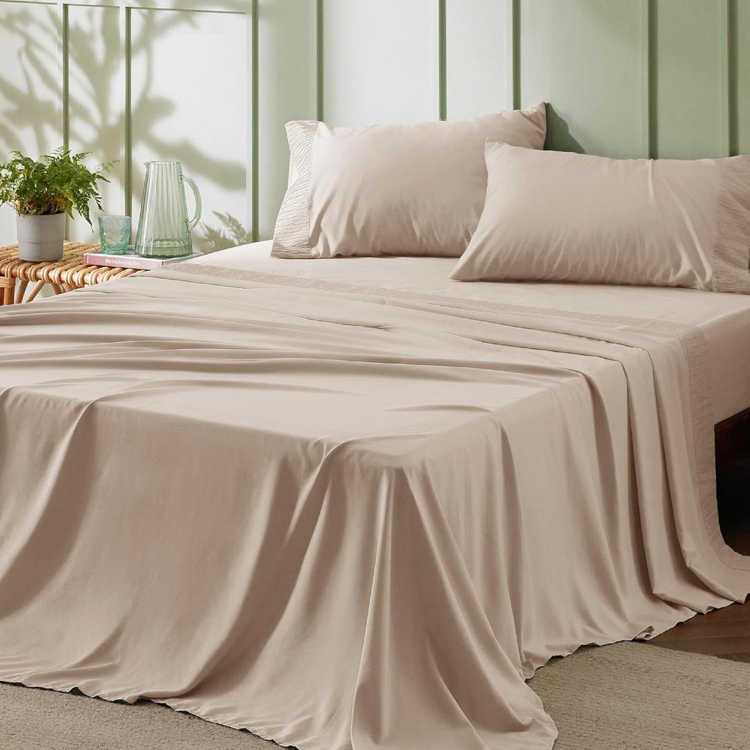 Bedsure King Size Sheets Set - 4 Pieces Soft King Sheets - Breathable & Cooling - Hotel Luxury - Easy Care Polyester Microfiber Bedding for Women, Men, Light Khaki