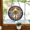 TNUW Dragonfly Stained Glass Window Hanging, Nature Insect Dragonfly Sun Catchers Indoor Window Glass Round Wall Art Decor, Dragonflies Wall Hanging Decorations, 7.9＂x7.9＂
