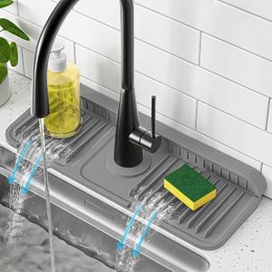 PoYang 14.6 inch Faucet Mat for Kitchen Sink Splash Guard, 7 Slope Silicone Sink Water Splash Guard for Kitchen Sink Area with Snap Button, Small Sink Protectors for kitchen Sink Sponge Holder, Grey (Gray)