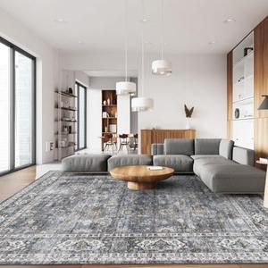 Rugcomf 8x10 Rug Washable Boho Soft Large Area Rug Non-Slip Faux Wool Vintage Rug for Living Room, Farmhouse, Dining Room, Indoor, Kids Playroom (Grey)