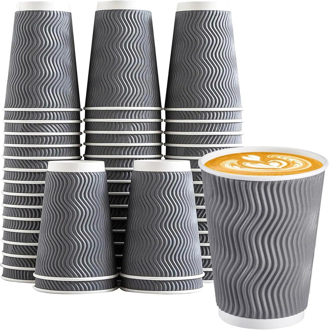 Lamosi 12 oz Insulated Coffee Cups Disposable - 50 Count Grey Paper Coffee Cups No Lids 12oz, Corrugated Ripple Wall Design for Hot Cold Drinks