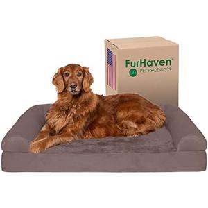 Furhaven Orthopedic Dog Bed for Large Dogs w/ Removable Bolsters & Washable Cover, For Dogs Up to 95 lbs - Faux Fur & Velvet Sofa - Driftwood Brown, Jumbo/XL